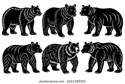 This image features a set of black and white silhouette illustrations of bears.