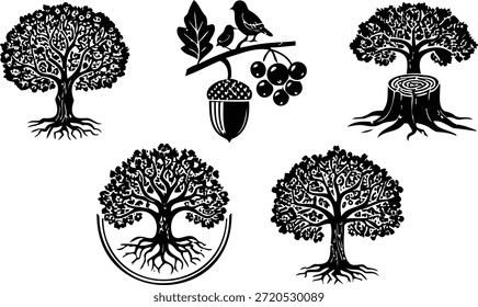 Esta Imagen presenta un conjunto de siluetas negras de árboles con raíces visibles y un motivo central que incluye pájaros, bellotas y hojas. Los árboles se representan en varias formas, incluyendo un árbol entero, un árbol cortado y un árbol dentro de un semicírculo, mostrando diferentes aspectos de la representación de los árboles.