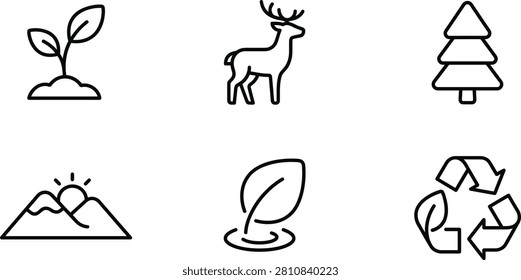 This image features a set of black line icons on a white background, including a seedling, deer, pine tree, mountain, raindrop, and