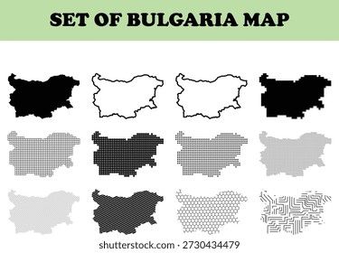 This image features a set of Bulgaria map illustrations presented in various styles and patterns The maps include solid black and white outlines dotted patterns crosshatch shading hexagonal designs and intricate line work Each map is isolated on a transparent background making them suitable for digital design projects These map illustrations can be used for educational purposes travel brochures or any project requiring a visual representation of Bulgaria