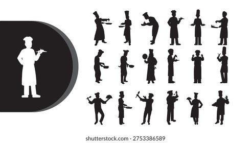 This image features a set of chef silhouettes in different poses, showcasing their skills and artistry in the kitchen. The collection includes various figures, each highlighting a unique aspect of culinary expertise. The simple yet elegant design makes it suitable for use in restaurant branding, menu design, or kitchen decor.