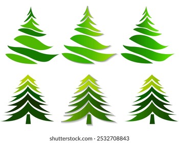 This image features a set of Christmas trees in various green shades, layered designs on a white background, concept of holiday decor. Vector illustration