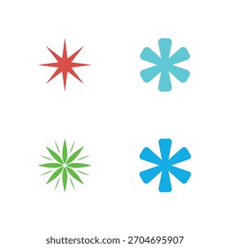 This image features a set of colorful star and flower icons against white. Includes a red starburst, a soft turquoise floral shape, a vibrant green flower and a solid blue blossom.
