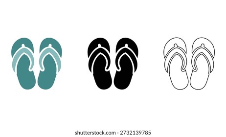 This image features set of colorful flip flops, perfect for representing casual footwear for beach and summer travel. The simple and minimalist design makes it versatile for various uses, from illustrating carefree vacation vibe to symbolizing comfort and relaxation. The flip flops come in teal, black, and white, offering range of style options for any project.