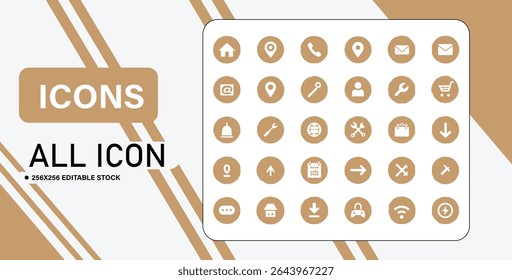 This image features a set of essential icons displayed in brown circles, ideal for web and app design projects.