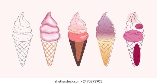 This image features a set of five ice cream cones in different stages of completion. The first cone is a simple outline, while the other cones are filled with various colors