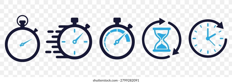 This image features a set of flat blue icons representing various timekeeping devices including stopwatches hourglasses and clocks all with a transparent background. The icons are simple and circular in shape.