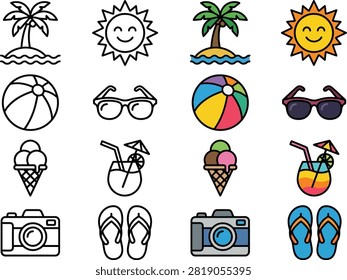 This image features a set of flat vector icons depicting summer vacation elements. Included are a palm tree, sun, beach ball, sunglasses, ice cream cone, cocktail, camera, and flip-flops, all with a white background.