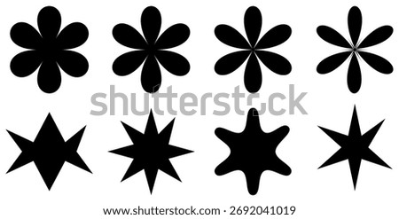 This image features a set of floral and star shapes, each exhibiting radial symmetry. The designs are simple, modern, and geometric, rendered in black and white.