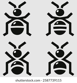 This image features a set of four stylized ant icons arranged in a 2x2 grid. Each ant is depicted in a minimalist, black and white vector style, with slight variations in the design of their bodies.