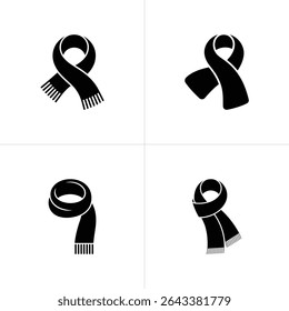 This image features a set of four individual scarves in black silhouette against a white background, each with a distinct style and shape, including fringed ends.
