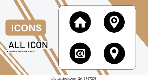 This image features a set of four simple black and white icons, including home, two location markers, and an email symbol.