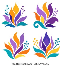 This image features a set of four colorful floral arrangements, created in a vector style with vibrant petals and leaves against a clean white background.