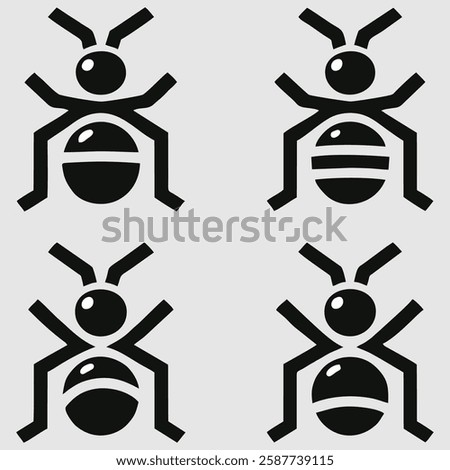 This image features a set of four stylized ant icons arranged in a 2x2 grid. Each ant is depicted in a minimalist, black and white vector style, with slight variations in the design of their bodies.