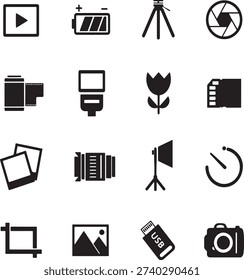 This image features a set of icons representing various aspects of photography and camera equipment, including tools, accessories, and related concepts.