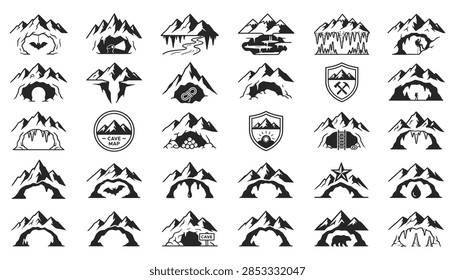 This image features a set of icons and symbols related to caves, stalactite and stalagmite formations, caving, and subterranean landscapes.