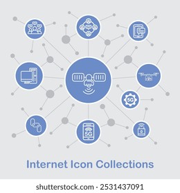 This image features a set of internet-related icons, highlighting key technologies such as satellite communication, 5G, drones, smartphones, and digital security, representing modern connectivity