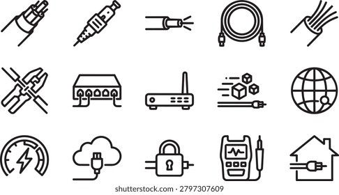 This image features a set of line-style icons representing fiber optic connectors, network devices, and related concepts. The icons depict elements like cables, routers, servers, and security locks, all in a simple, monochrome design.