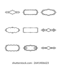 This image features a set of nine unique decorative frames and borders, all rendered in a clean, minimalist black and white style.