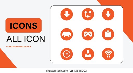 This image features a set of nine white icons on orange circles, suitable for various design and interface applications.