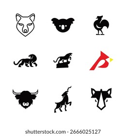 This image features a set of nine animal logos, combining minimalist line art and bold silhouette styles. Perfect for branding, wildlife conservation campaigns