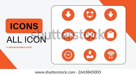 This image features a set of nine white icons on orange circles, suitable for various design and interface applications.
