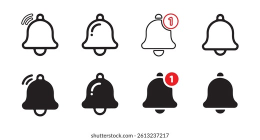 This image features a set of notification bell icons, showcasing different states, including active, inactive, and with a notification count.
