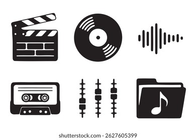 This image features a set of simple, black and white icons representing vintage music and film elements.