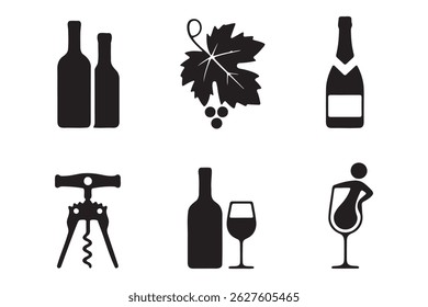 This image features a set of simple, black silhouette icons related to wine and champagne.