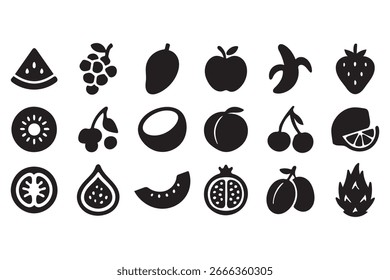 This image features a set of simple, black silhouette icons representing various fruits.