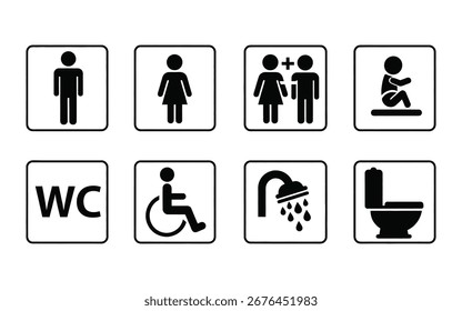This image features a set of simple black and white toilet sign icons. The set includes symbols for male, female, baby changing, accessible, shower, toilet, and WC.