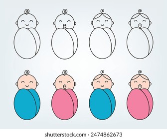 This image features a set of simplistic baby icons in two rows. The top row displays four black and white line art drawings of swaddled babies, each with different facial expressions. 