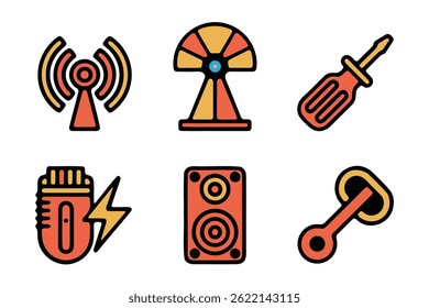 This image features a set of six simple, colorful vector icons representing various everyday objects.