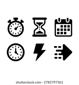 This image features a set of six black icons on a white background, including a stopwatch, hourglass, calendar, clock, lightning bolt, and arrow. The icons are simple, modern, and minimalist in design, making them suitable for use in digital and print materials. The silhouette style of the icons gives them a clean and professional look, perfect for use in business, productivity, and organization contexts. The image conveys a sense of time, schedule, and urgency, making it ideal for illustrating concepts related to time management, deadlines, and productivity.