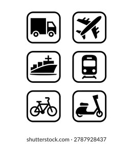 This image features a set of six transportation icons, each representing a different mode of travel, including a truck, airplane, ship, train, bicycle, and scooter. The icons are designed in a simple, black and white style and are arranged in a grid pattern. The silhouette of each icon is clear and recognizable, making them easily identifiable as symbols for various modes of transportation.