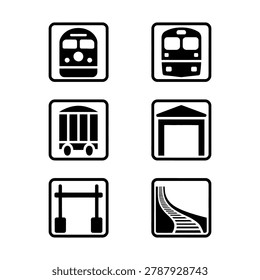 This image features a set of six black and white icons showcasing various train and railway symbols. The icons are presented in a clean and simple design, making them suitable for use in a variety of applications. The silhouette style of the icons adds a touch of elegance and sophistication. The image is ideal for use in graphic design, illustration, and other visual projects where a simple yet effective design is required. The icons depict different aspects of train and railway infrastructure, including trains, tracks, stations, and platforms.