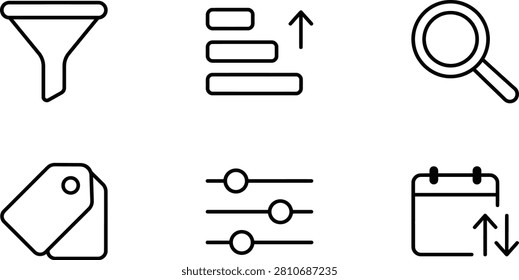 This image features a set of six flat line icons on a white background, including a filter, sorting list, magnifier, slider, and calendar.