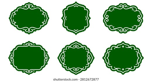 This image features a set of six green ornate frames with detailed swirls and flourishes, presented on a clean white background, suitable for various design projects.