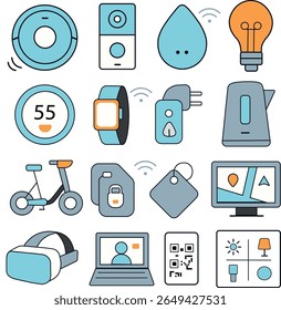 This image features a set of smart home and modern technology icons, including devices like smartwatches, smart plugs, and VR headsets. The icons are illustrated in a flat, minimal style with blue, gr