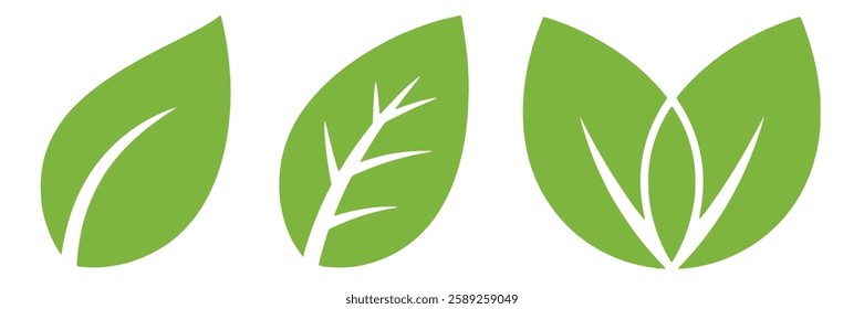 This image features a set of three distinct green leaf icons suitable for designs related to nature and the environment. The clean design highlights freshness and simplicity.