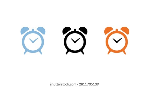 This image features a set of three flat alarm clock icons in blue black and orange all displayed against a white background.