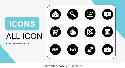 This image features a set of twelve distinct black and white vector icons, suitable for web and mobile applications.