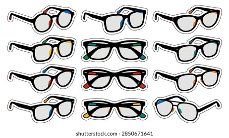 This image features a set of twelve different eyeglass frame designs presented as stickers. Each pair of glasses has a black frame with vibrant, multi-colored accents on the temples and nose pads. The styles range from classic round and square frames to modern cateye and aviator shapes, all set against a clean white background.