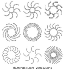 This image features a set of vector illustrations depicting twisted rope arranged in various circular frame shapes. The designs are isolated on a white background showcasing the detailed texture of the cordage.