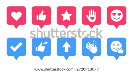 This image features a set of vibrant social media icons arranged in two rows on a clean white background. The icons are designed to represent various emotions and interactions, including likes, loves, and approvals. The colorful design makes them visually appealing and attention-grabbing. These icons can be used in various digital applications, such as websites, mobile apps, and social media platforms, to enhance user engagement and communication.
