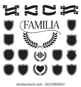 This image features a set of vintage design elements in black and white, perfect for logos, emblems, or graphic design projects.
