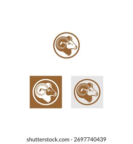Esta imagem apresenta várias versões do logotipo da cabeça de carneiro, apresentado em tons marrons com quadros circulares e quadrados. 