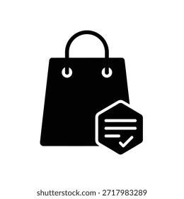 Esta Imagen cuenta con una bolsa de la compra con una marca de verificación de seguridad, lo que indica compras seguras y seguras. El bolso es negro con un asa prominente y dos bucles en los lados. En el bolso hay un símbolo en forma de hexágono con líneas Horizontales y una marca de verificación en la parte inferior, que significa Aprobación o verificación.