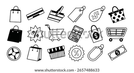 This image features shopping, icons, hand drawn, retail, e-commerce, vector, illustration, sale. Hand Drawn Shopping Icons Set for Retail and E Commerce on transparent background