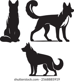 This image features silhoettes of different dog breeds, each depicated in a bold and artist design.The Illustrations emphasize the unique shapes,fur patterns and postures of the dog